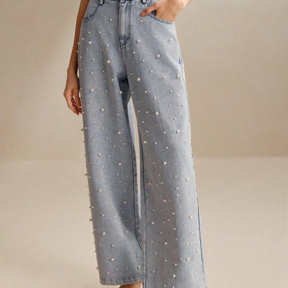 Teal Blue Casual Women's Pearl Decorated Denim Straight-Leg Pants - Picture 6 of 6